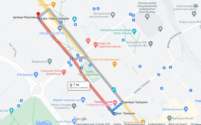 Мапа перекриття ділянки на проспекті Соборному в Запоріжжі.
