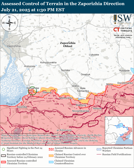 Карта бойових дій за 21-22 липня у Запорізькій області. Фото: ISW