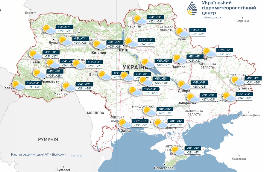 Вітер північно-західний, 5–10 м/с. Температура вночі +14...+16°, удень +25...+27°.