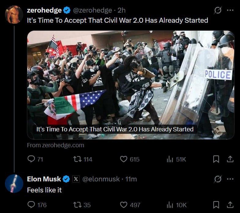 "Громадянська війна 2.0 вже почалася": Маск погодився з побоюваннями щодо США